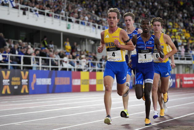 260829 Sebastian Lörstad of Sweden, Mustafe Muuse of Finland and Karl Ottofalk of Sweden competes in men™s 5000m during day 1 of the athletics gala Finnkampen on August 29, 2026 in Helsinki. Photo: Kalle Parkkinen BILDBYRAN COP 18 XY0124 friidrott athletics friidrett finnkampen day 1 bbeng dag 1 Copyright: KALLExPARKKINEN BB260829ZD007
