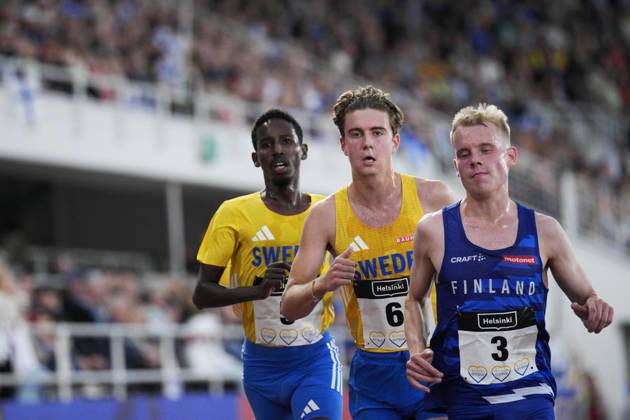 260829 Sharmarke Ahmed, Karl Ottfalk of Sweden and Mikko Kauppinen competes in men™s 5000m during day 1 of the athletics gala Finnkampen on August 29, 2026 in Helsinki. Photo: Kalle Parkkinen BILDBYRAN COP 18 XY0124 friidrott athletics friidrett finnkampen day 1 bbeng dag 1 Copyright: KALLExPARKKINEN BB260829ZP003