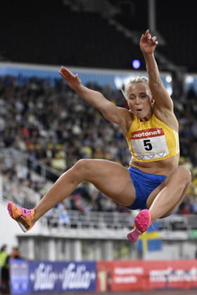 HELSINGFORS, FINLAND 20240829 Sveriges Tilde Johansson i damernas längdhopp under Finnkampen i friidrott mellan Finland och Sverige pa Olympiastadion i Helsingfors. Helsingfors FINLAND x10350x