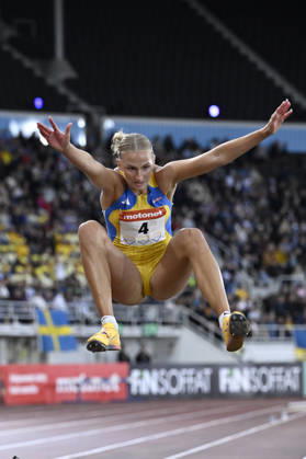HELSINGFORS, FINLAND 20240829 Sveriges Maja Askag i damernas längdhopp under Finnkampen i friidrott mellan Finland och Sverige pa Olympiastadion i Helsingfors. Helsingfors FINLAND x10350x
