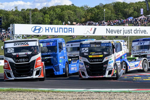 Czech Truck Prix, European circuit truck championship, took place place in Most, Czech Republic, on August 29, 2026. From left, Lukas Hahn from Germany, Rene Reinert from Germany and Adam Lacko from the Czech Republic on the track of the second race of the first competition day. (CTKxPhoto OndrejxHajek) CTKPhotoP2026082905015  CTKPhotoP2026082905015