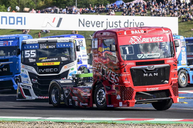 Czech Truck Prix, European circuit truck championship, took place place in Most, Czech Republic, on August 29, 2026. From right, Norbert Kiss from Hungary and Adam Lacko from the Czech Republic on the track of the second race of the first competition day. (CTKxPhoto OndrejxHajek) CTKPhotoP2026082905031  CTKPhotoP2026082905031
