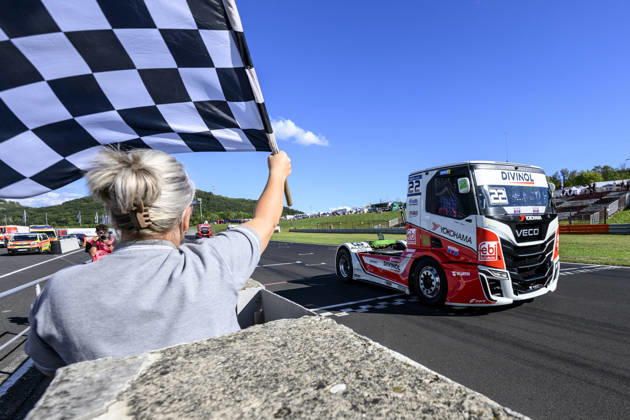 Czech Truck Prix, European circuit truck championship, took place place in Most, Czech Republic, on August 29, 2026. Lukas Hahn from Germany at the finish line of the second race of the first competition day. (CTKxPhoto OndrejxHajek) CTKPhotoP2026082905065  CTKPhotoP2026082905065