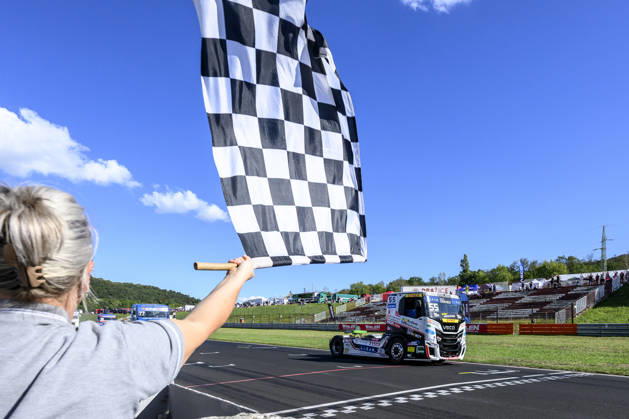 Czech Truck Prix, European circuit truck championship, took place place in Most, Czech Republic, on August 29, 2026. Adam Lacko from the Czech Republic at the finish line of the second race of the first competition day. (CTKxPhoto OndrejxHajek) CTKPhotoP2026082905075  CTKPhotoP2026082905075