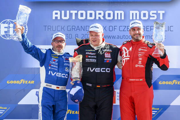Czech Truck Prix, European circuit truck championship, took place place in Most, Czech Republic, on August 29, 2026. From left, Jochen Hahn from Germany, who finished second, winner Lukas Hahn from Germany, and Norbert Kiss from Hungary, who finished third in the second race of the first competition day. (CTKxPhoto OndrejxHajek) CTKPhotoP2026082905094 CTKPhotoP2026082905094