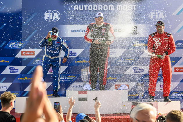 Czech Truck Prix, European circuit truck championship, took place place in Most, Czech Republic, on August 29, 2026. From left, Jochen Hahn from Germany, who finished second, winner Lukas Hahn from Germany, and Norbert Kiss from Hungary, who finished third in the second race of the first competition day. (CTKxPhoto OndrejxHajek) CTKPhotoP2026082905116 CTKPhotoP2026082905116