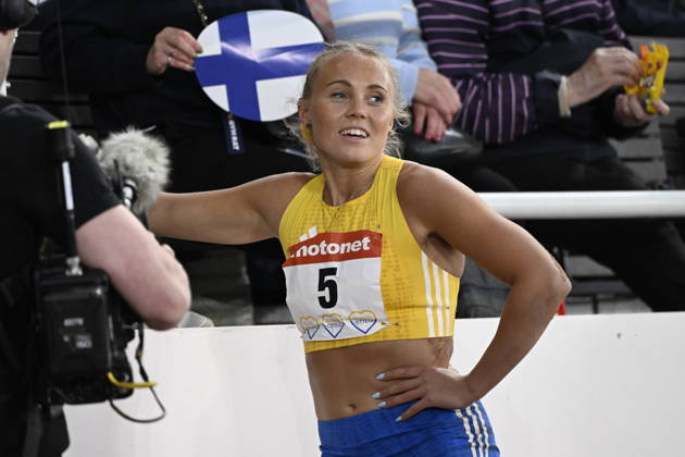 HELSINGFORS, FINLAND 20240829 Sveriges Tilde Johansson i damernas längdhopp under Finnkampen i friidrott mellan Finland och Sverige pa Olympiastadion i Helsingfors. Helsingfors FINLAND x10350x