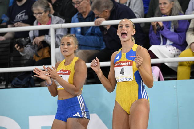 HELSINGFORS, FINLAND 20240829 Sveriges Tilde Johansson och Maja Askag i damernas längdhopp under Finnkampen i friidrott mellan Finland och Sverige pa Olympiastadion i Helsingfors. Helsingfors FINLAND x10350x