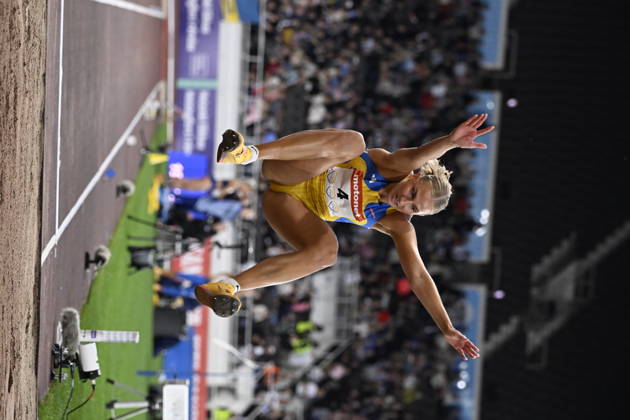 HELSINGFORS, FINLAND 20240829 Sveriges Maja Askag i damernas längdhopp under Finnkampen i friidrott mellan Finland och Sverige pa Olympiastadion i Helsingfors. Helsingfors FINLAND x10350x