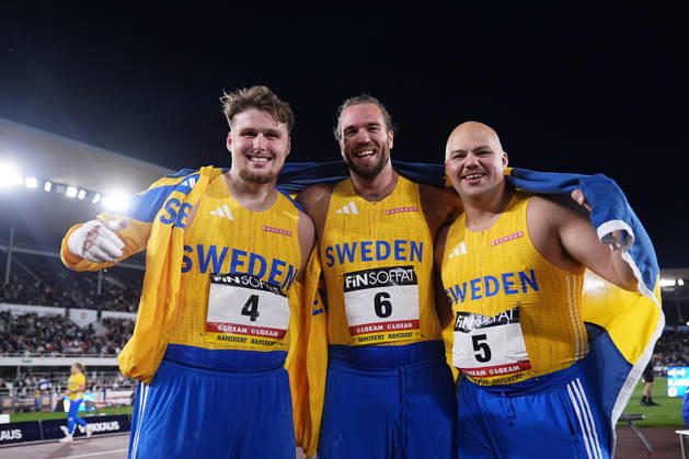 260829 Leo Zikovic, Wictor Petersson and Arvid Mägi Theorin of Sweden after men™s shot put during day 1 of the athletics gala Finnkampen on August 29, 2026 in Helsinki. Photo: Kalle Parkkinen BILDBYRAN COP 18 XY0124 friidrott athletics friidrett finnkampen day 1 bbeng dag 1 Copyright: KALLExPARKKINEN BB260829ZF013