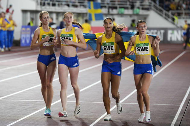 260829 Amanda Jörbeck, Juliette Debaecker, Ema Avramova and Olivia Stahl of Sweden after girls 4 x 100m during day 1 of the athletics gala Finnkampen on August 29, 2026 in Helsinki. Photo: Kalle Parkkinen BILDBYRAN COP 18 XY0124 friidrott athletics friidrett finnkampen day 1 bbeng dag 1 Copyright: KALLExPARKKINEN BB260829ZV025