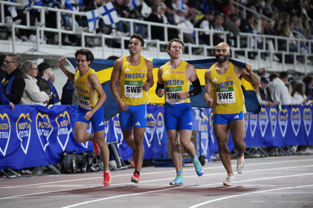 260829 Filip Olsson, Zion Eriksson, Linus Pihl and Jean-Christian Zirignon of Sweden after men™s 4 x 100m during day 1 of the athletics gala Finnkampen on August 29, 2026 in Helsinki. Photo: Kalle Parkkinen BILDBYRAN COP 18 XY0124 friidrott athletics friidrett finnkampen day 1 bbeng dag 1 Copyright: KALLExPARKKINEN BB260829ZN024