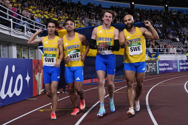 260829 Filip Olsson, Zion Eriksson, Linus Pihl and Jean-Christian Zirignon of Sweden after men™s 4 x 100m during day 1 of the athletics gala Finnkampen on August 29, 2026 in Helsinki. Photo: Kalle Parkkinen BILDBYRAN COP 18 XY0124 friidrott athletics friidrett finnkampen day 1 bbeng dag 1 Copyright: KALLExPARKKINEN BB260829ZP018
