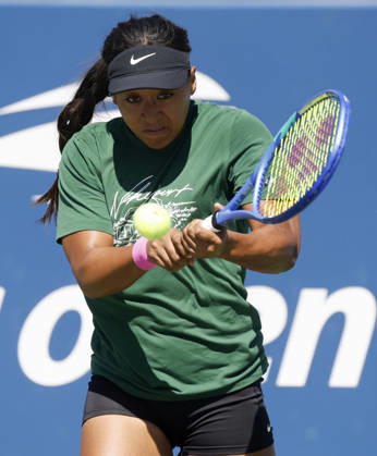 Naomi Osaka of Japan practices with Alexandra Eala of the Philippines on The Grandstand Court at the 2026 US Open Tennis Championship at the USTA Billie Jean King National Tennis Center in New York City on Saturday, August 29, 2026.  NYP20260829132 JOHNxANGELILLO