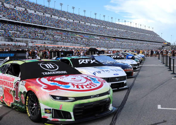 DAYTONA BEACH, FL - AUGUST 29: Cars are lined up on the grid prior to the NASCAR, Motorsport, USA Cup Series Coke Zero Sugar 400 on August 29, 2026 at Daytona International Speedway in Daytona Beach, FL. (Photo by Michael Bush Icon Sportswire) AUTO: AUG 29 NASCAR Cup Series Coke Zero Sugar 400 EDITORIAL USE ONLY Icon260829001