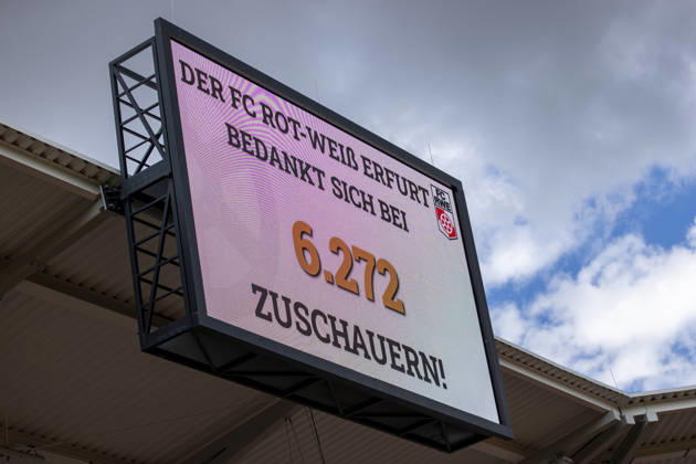 Regionalliga Nordost: FC Rot-Weiß Erfurt vs. BFC Preussen; Erfurt; 29.08.2026 Anzeigetafel mit Zuschauerzahl 6272 Regionalliga Nordost: FC Rot-Weiß Erfurt vs. BFC Preussen; Steigerwaldstadion Erfurt; 29.08.2026 Copyright: xBEAUTIFULxSPORTS Duehringx