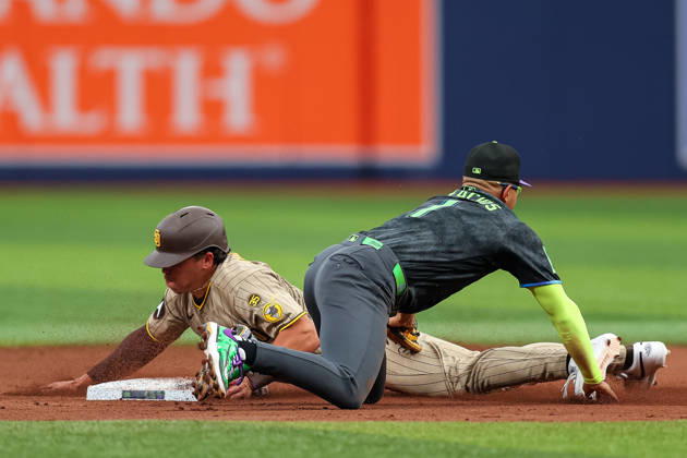 August 29, 2026, St. Petersburg, Florida, USA: San Diego Padres left fielder DUSTIN HARRIS (29) slides into second base against Tampa Bay Rays. The Tampa Bay Rays hosted the San Diego Padres at Tropicana Field in St. Petersburg, FL. MLB, Baseball Herren, USA 2026: San Diego Padres 6:7 Tampa Bay Rays  - ZUMAm299 20260829_znp_m299_019 Copyright: xTaylorxMcFeex