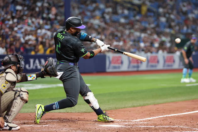 August 29, 2026, St. Petersburg, Florida, USA: Tampa Bay Rays designated hitter YANDY DoÂAZ (2) hits a pitch against San Diego Padres. The Tampa Bay Rays hosted the San Diego Padres at Tropicana Field in St. Petersburg, FL. MLB, Baseball Herren, USA 2026: San Diego Padres 6:7 Tampa Bay Rays  - ZUMAm299 20260829_znp_m299_003 Copyright: xTaylorxMcFeex