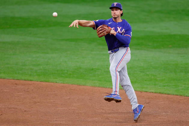 August 29, 2026, Milwaukee, Wisconsin, USA: Texas Rangers second baseman JUSTIN FOSCUE (14) throws to first base in a baseball game, Saturday, Aug. 28, 2026, in Milwaukee, Wisconsin. MLB, Baseball Herren, USA 2026 - Rangers 3: 5 Brewers - ZUMAa325 20260829_zsa_a325_021 Copyright: xDavidxBalleringxIix