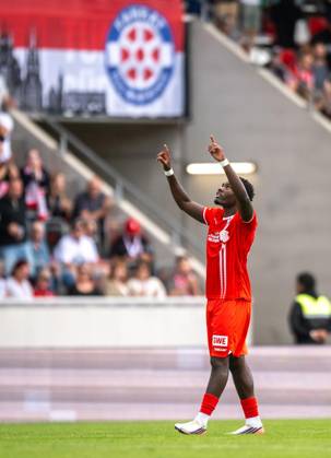 FUSSBALL REGIONALLIGA NORDOST - SAISON 2026-2027 - 7. SPIELTAG FC ROT WEISS ERFURT - BFC PREUSSEN ** NUR FÜR REDAKTIONELLE ZWECKE ** EDITORIAL USE ONLY **<p>29 08 2026-Erfurt: Fussball Regionalliga Nordost 7. Spieltag Saison 2026-2027 Steigerwaldstadion FC Rot Weiss Erfurt - BFC Preussen im Foto: Mechak Quiala Tito 47 (FC Rot Weiss Erfurt) jubelt nach dem Treffer zum 1:1 ( Deutschland Thueringen Erfurt Copyright: SaschaxFromm