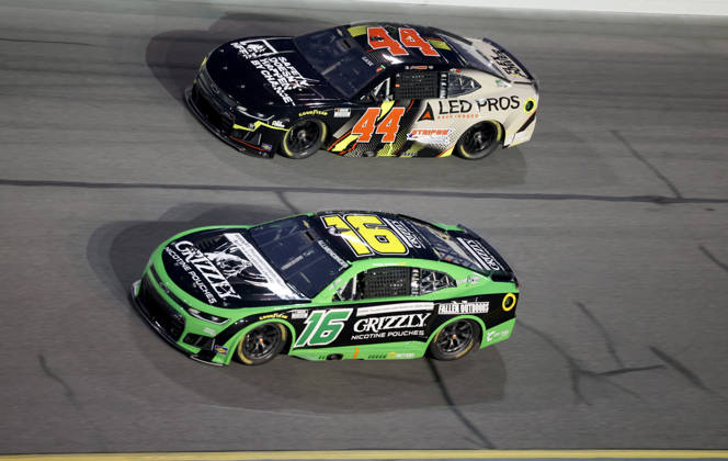 DAYTONA BEACH, FL - AUGUST 29: AJ Allmendinger ( 16 Kaulig Racing Grizzly Nicotine Pouches Chevrolet) and Joey Gase ( 44 NY Racing Team Chevrolet) in turn 3 during the NASCAR, Motorsport, USA Cup Series Coke Zero Sugar 400 on August 29, 2026 at Daytona International Speedway in Daytona Beach, FL (Photo by Malcolm Hope Icon Sportswire) AUTO: AUG 29 NASCAR Cup Series Coke Zero Sugar 400 EDITORIAL USE ONLY Icon260829024400