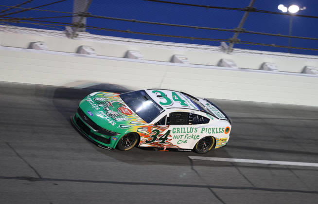 DAYTONA BEACH, FL - AUGUST 29: Todd Gilliland ( 34 Front Row Motorsports Grillo s Pickles Ford) in turn 3 during the NASCAR, Motorsport, USA Cup Series Coke Zero Sugar 400 on August 29, 2026 at Daytona International Speedway in Daytona Beach, FL (Photo by Malcolm Hope Icon Sportswire) AUTO: AUG 29 NASCAR Cup Series Coke Zero Sugar 400 EDITORIAL USE ONLY Icon260829025400