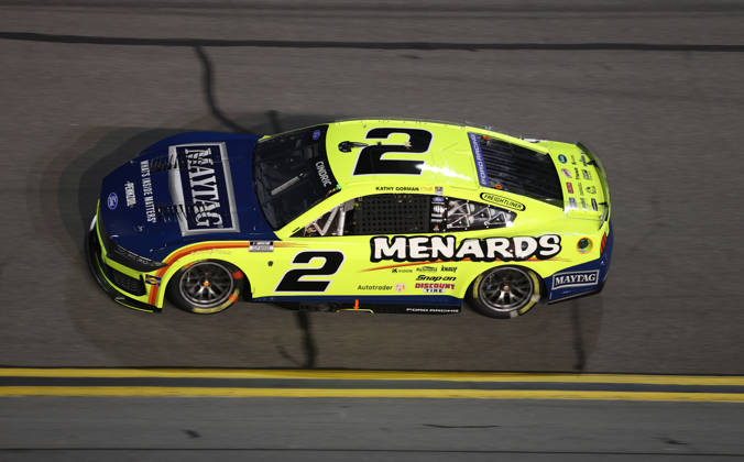 DAYTONA BEACH, FL - AUGUST 29: Austin Cindric ( 2 Team Penske Menards Maytag Ford) in turn 3 during the NASCAR, Motorsport, USA Cup Series Coke Zero Sugar 400 on August 29, 2026 at Daytona International Speedway in Daytona Beach, FL (Photo by Malcolm Hope Icon Sportswire) AUTO: AUG 29 NASCAR Cup Series Coke Zero Sugar 400 EDITORIAL USE ONLY Icon260829027400