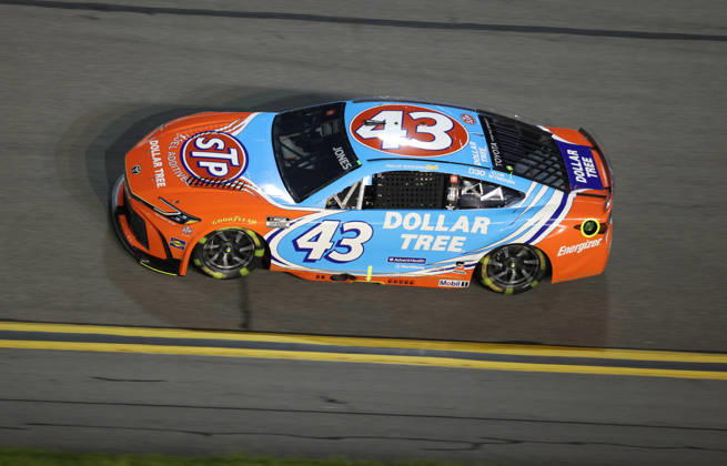 DAYTONA BEACH, FL - AUGUST 29: Erik Jones ( 43 LEGACY MOTOR CLUB Dollar Tree Toyota) in turn 3 during the NASCAR, Motorsport, USA Cup Series Coke Zero Sugar 400 on August 29, 2026 at Daytona International Speedway in Daytona Beach, FL (Photo by Malcolm Hope Icon Sportswire) AUTO: AUG 29 NASCAR Cup Series Coke Zero Sugar 400 EDITORIAL USE ONLY Icon260829029400