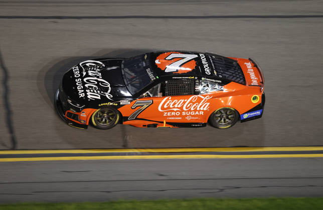 DAYTONA BEACH, FL - AUGUST 29: Daniel Suarez ( 7 Spire Motorsports Cal Coke Zero Sugar Chevrolet) in turn 3 during the NASCAR, Motorsport, USA Cup Series Coke Zero Sugar 400 on August 29, 2026 at Daytona International Speedway in Daytona Beach, FL (Photo by Malcolm Hope Icon Sportswire) AUTO: AUG 29 NASCAR Cup Series Coke Zero Sugar 400 EDITORIAL USE ONLY Icon260829031400