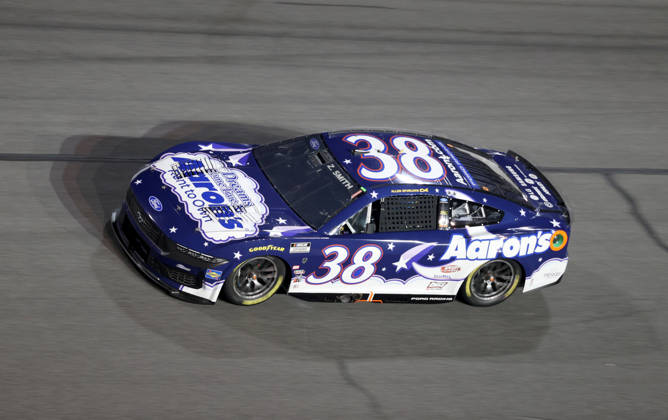 DAYTONA BEACH, FL - AUGUST 29: Zane Smith ( 38 Front Row Motorsports Aaron s Dream Machine Ford) in turn 3 during the NASCAR, Motorsport, USA Cup Series Coke Zero Sugar 400 on August 29, 2026 at Daytona International Speedway in Daytona Beach, FL (Photo by Malcolm Hope Icon Sportswire) AUTO: AUG 29 NASCAR Cup Series Coke Zero Sugar 400 EDITORIAL USE ONLY Icon260829033400