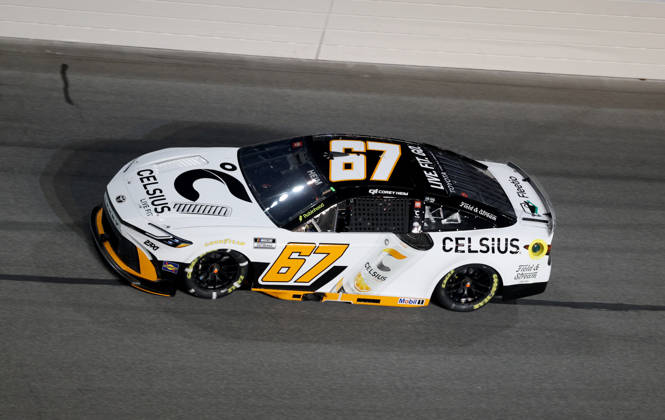 DAYTONA BEACH, FL - AUGUST 29: Cory Heim ( 67 23XI Racing CELSIUS Toyota) in turn 3 during the NASCAR, Motorsport, USA Cup Series Coke Zero Sugar 400 on August 29, 2026 at Daytona International Speedway in Daytona Beach, FL (Photo by Malcolm Hope Icon Sportswire) AUTO: AUG 29 NASCAR Cup Series Coke Zero Sugar 400 EDITORIAL USE ONLY Icon260829037400