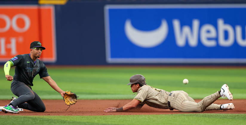 August 29, 2026, St. Petersburg, Florida, USA: San Diego Padres left fielder DUSTIN HARRIS (29) slides into second base for a stolen base against the Tampa Bay Rays. The Tampa Bay Rays hosted the San Diego Padres at Tropicana Field in St. Petersburg, FL. MLB, Baseball Herren, USA 2026: San Diego Padres 6:7 Tampa Bay Rays  - ZUMAm299 20260829_znp_m299_047 Copyright: xTaylorxMcFeex