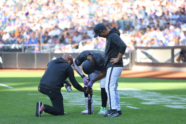 MLB, Baseball Herren, USA Houston Astros Vs. New York Mets New York Mets Juan Soto 22 is checked by Mets trainer Bryan Baca after fouling a ball off his leg as manager Nick Green looks on during the fifth inning of a baseball game against the Houston Astros at Citi Field in Flushing, New York, on August 29, 2026. Flushing New York United States  Copyright: xGordonxDonovanx originalFilename:donovan-mlbhoust260829_nplvP.jpg