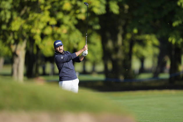 SUTTON COLDFIELD, ENGLAND - AUG 30: Angel Hidalgo (ESP) plays from the eighteenth fairway during the delayed Round 3 at the 2026 Husqvarna British Masters at The Belfry, Sutton Coalfield on August 30, 2026 in Warwickshire, England The 2026 Husqvarna British Masters
