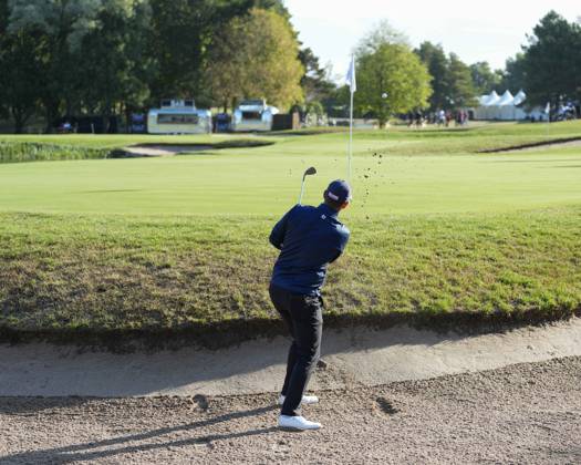 SUTTON COLDFIELD, ENGLAND - AUG 30: Bernd Wiesberger (AUT) plays from a green side bunker on the 18th hole during the delayed Round 3 at the 2026 Husqvarna British Masters at The Belfry, Sutton Coalfield on August 30, 2026 in Warwickshire, England The 2026 Husqvarna British Masters