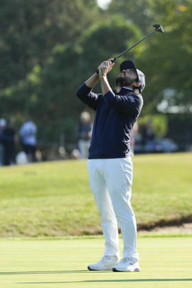 SUTTON COLDFIELD, ENGLAND - AUG 30: Angel Hidalgo (ESP) reacts after missing a putt on the eighteenth green during the delayed Round 3 at the 2026 Husqvarna British Masters at The Belfry, Sutton Coalfield on August 30, 2026 in Warwickshire, England The 2026 Husqvarna British Masters