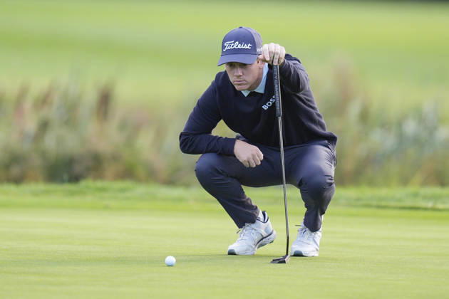 SUTTON COLDFIELD, ENGLAND - AUG 30: Daniel Hillier (NZL) lines up a putt on the eighth green during the delayed Round 3 at the 2026 Husqvarna British Masters at The Belfry, Sutton Coalfield on August 30, 2026 in Warwickshire, England The 2026 Husqvarna British Masters