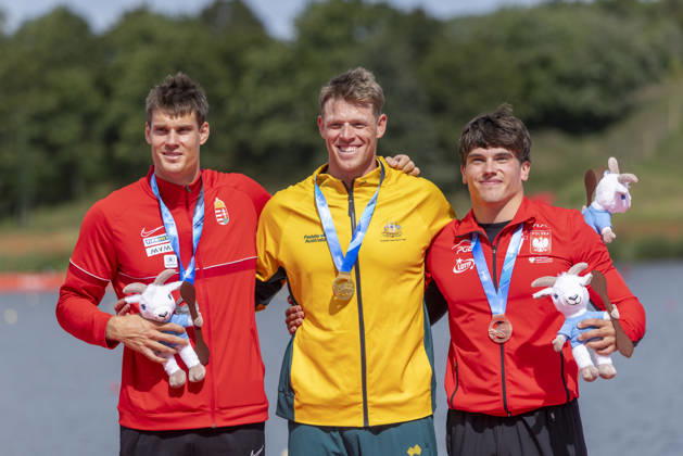 ICF Canoe Sprint and Paracanoe World Championships Adam Varga,Thomas Green,Alex Borucki at the medal ceremony during the 2026 ICF World Championships in Canoe Sprint and Para-canoe in PoznaÅ , Poland, on 30 August 2026. Poznan Poland  Copyright: xAndrzejxIwanczukx originalFilename:iwanczuk-icfcanoe260830_npn4S.jpg
