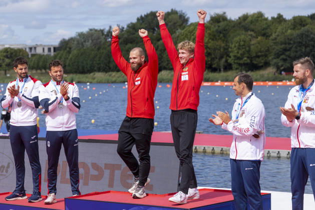 ICF Canoe Sprint and Paracanoe World Championships Joao Ribeiro,Messias Baptista,Jacob Schopf,Max Lemke,Jakub Spicar,Daniel Havelt at the medal ceremony during the 2026 ICF World Championships in Canoe Sprint and Para-canoe in PoznaÅ , Poland, on 30 August 2026. Poznan Poland  Copyright: xAndrzejxIwanczukx originalFilename:iwanczuk-icfcanoe260830_npu8A.jpg