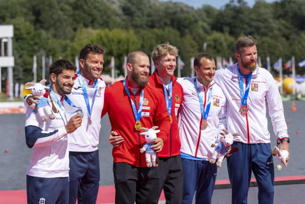ICF Canoe Sprint and Paracanoe World Championships Joao Ribeiro,Messias Baptista,Jacob Schopf,Max Lemke,Jakub Spicar,Daniel Havelt at the medal ceremony during the 2026 ICF World Championships in Canoe Sprint and Para-canoe in PoznaÅ , Poland, on 30 August 2026. Poznan Poland  Copyright: xAndrzejxIwanczukx originalFilename:iwanczuk-icfcanoe260830_npzG1.jpg