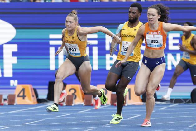BERLIN, GERMANY - AUGUST 30, 2026: Gina LÜCKENKEMPER (GER Germany) and Lucas ANSAH-PEPRAH (GER Germany) in the 4x100m mixed relay during the ISTAF at Olympic Stadium on August 30, 2026 in Berlin, Germany. Germany Copyright: xAxelxKohringx