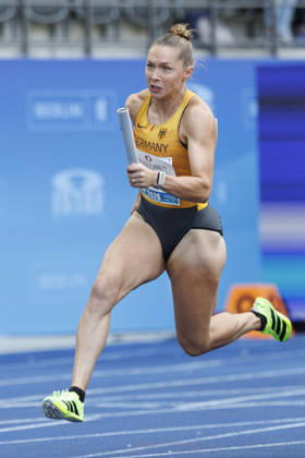 BERLIN, GERMANY - AUGUST 30, 2026: Gina LÜCKENKEMPER (GER Germany) in the 4x100m mixed relay during the ISTAF at Olympic Stadium on August 30, 2026 in Berlin, Germany. Germany Copyright: xAxelxKohringx