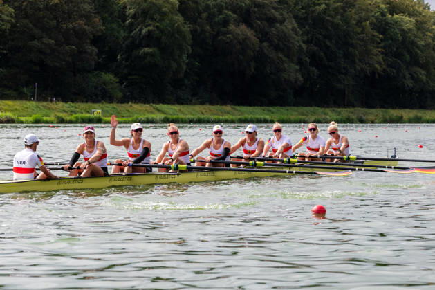 30 Aug 2026 World Rowing Championships AMSTERDAM, NETHERLANDS - AUGUST 30: Nora Peuser, Paula Hartmann, Olivia Clotten, Antonia Galland, Pia Greiten, Annabelle Bachmann, Luise Bachmann, Tabea Schendekehl and Florian Koch of Germany during 30 Aug 2026 World Rowing Championships at Bosbaan on August 30, 2026 in Amsterdam, Netherlands. Amsterdam Bosbaan Netherlands Content not available for redistribution in The Netherlands directly or indirectly through any third parties. Copyright: xMarcelxvanxPlateringenx
