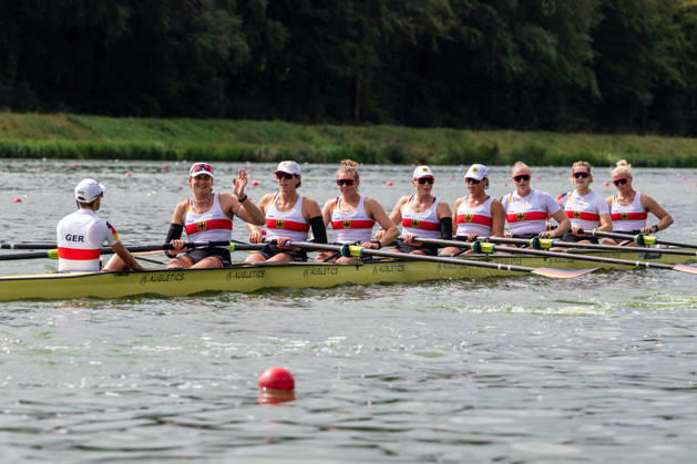 30 Aug 2026 World Rowing Championships AMSTERDAM, NETHERLANDS - AUGUST 30: Nora Peuser, Paula Hartmann, Olivia Clotten, Antonia Galland, Pia Greiten, Annabelle Bachmann, Luise Bachmann, Tabea Schendekehl and Florian Koch of Germany during 30 Aug 2026 World Rowing Championships at Bosbaan on August 30, 2026 in Amsterdam, Netherlands. Amsterdam Bosbaan Netherlands Content not available for redistribution in The Netherlands directly or indirectly through any third parties. Copyright: xMarcelxvanxPlateringenx