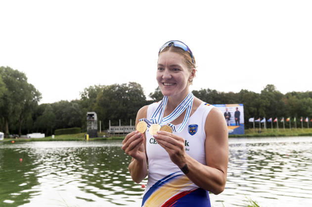Amsterdam The Netherlands 30th August 2026 2026 World Rowing Championships on the Bosbaan in Amsterdam Adriana Adam (ROU) with her three gold medals, moments after receiving the gold in the womens eight having to rush off to go and win the gold in the mixed eight.