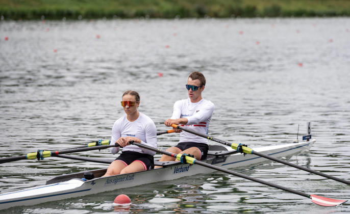 Amsterdam The Netherlands 30th August 2026 2026 World Rowing Championships on the Bosbaan in Amsterdam Mixed Double Sculls Final B (Final) teams make their ways to the start. B Konrad Hultsch S Lara Tiefenthaler (AUT)