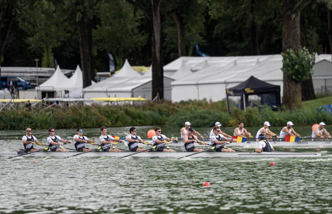 Amsterdam The Netherlands 30th August 2026 2026 World Rowing Championships on the Bosbaan in Amsterdam Men s Eight Final B (Final) B Campbell Crouch 2 Fred Vavasour 3 Harry Fitzpatrick 4 Joshua Vodanovich 5 Ollie Maclean 6 Matt Macdonald 7 Oliver Welch S Benjamin Taylor C Oliver Duncan (NZL)