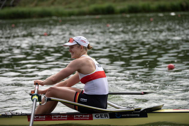 Amsterdam The Netherlands 30th August 2026 2026 World Rowing Championships on the Bosbaan in Amsterdam Women s Single Sculls Final B (Final) Alexandra Foester (GER) after winning the B final.
