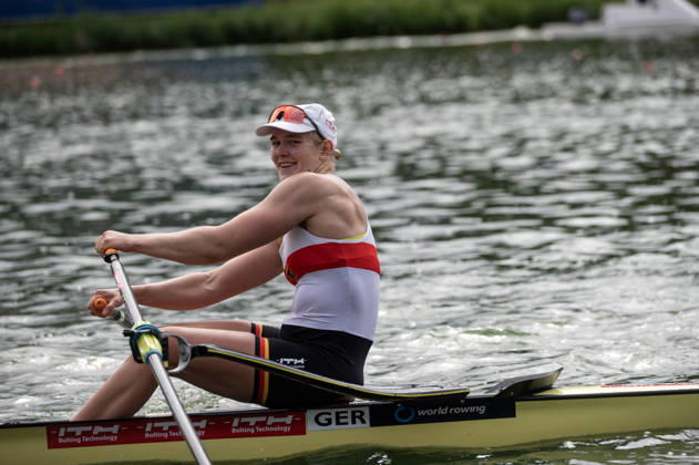 Amsterdam The Netherlands 30th August 2026 2026 World Rowing Championships on the Bosbaan in Amsterdam Women s Single Sculls Final B (Final) Alexandra Foester (GER) after winning the B final.