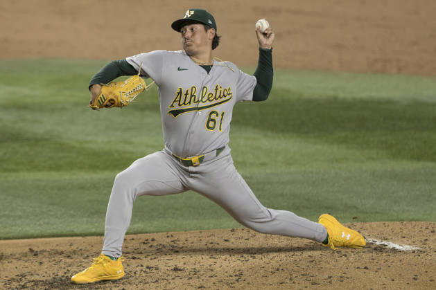 August 31, 2026, Arlington, Texas, USA: Athletics pitcher GAGE JUMP (61) throws against the Texas Rangers at Globe Life Field. Rangers win 8-1. MLB, Baseball Herren, USA 2026: Rangers 8:1 Athletics  - ZUMAf180 20260831_zsp_f180_022 Copyright: xMarkxFannx